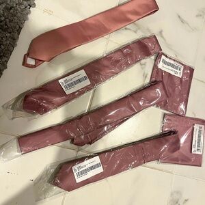 Four mauve skinny ties  two matching silk pocket hankies